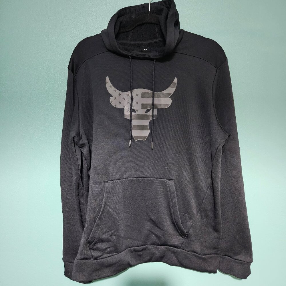 Under Armour Project Rock Hoodie Mens Medium Black Freedom Bull Flag Sweatshirt
